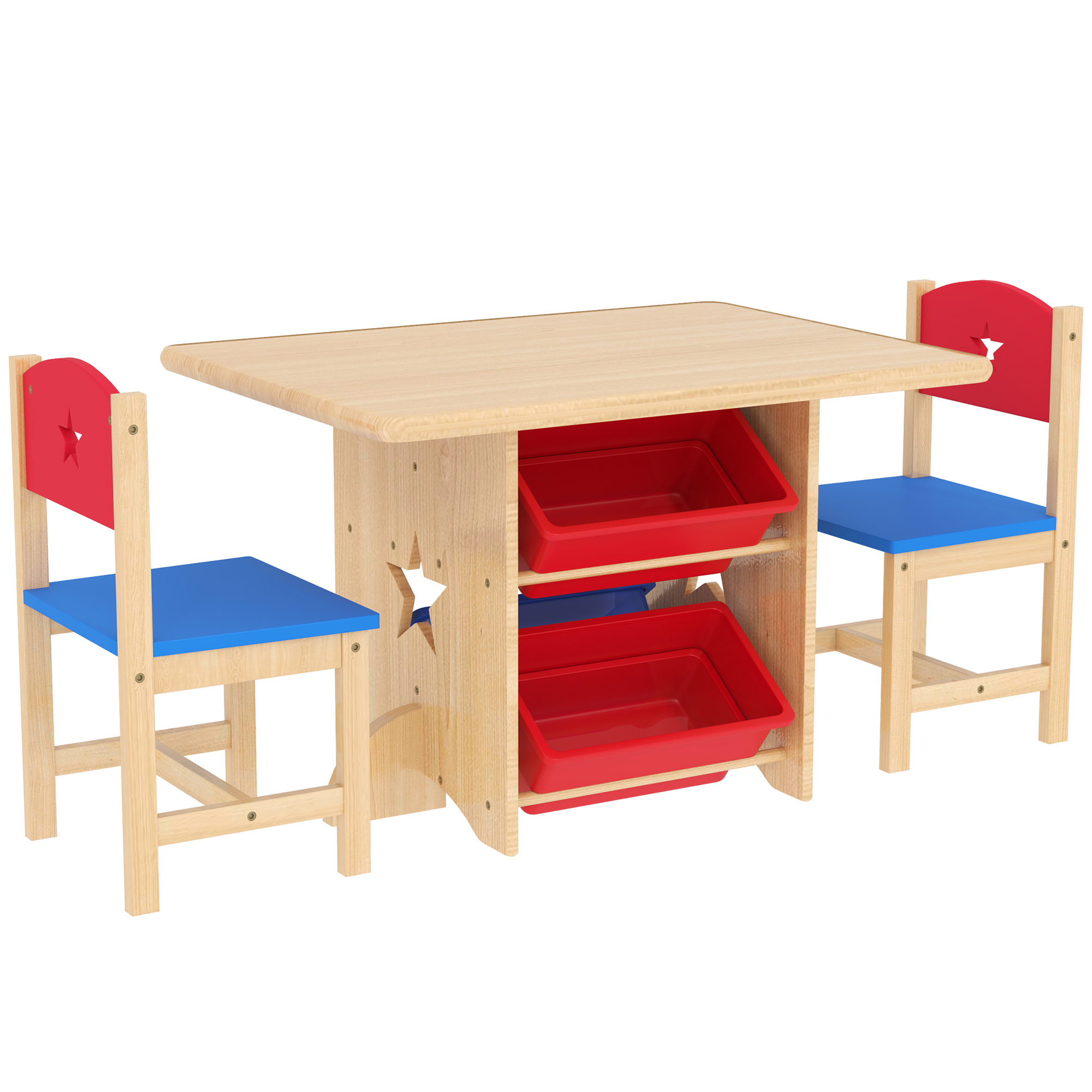 foto del prodotto aiyaplay set tavolo e sedie per bambini 3-7 anni con 2 sedie e tavolo con 4 contenitori, in legno e pp, color legno