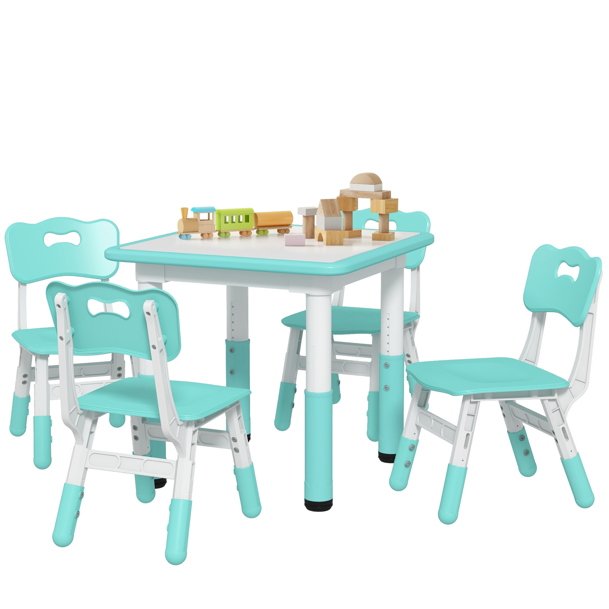 foto del prodotto aiyaplay set tavolo e sedie per bambini 5pz con 4 sedie regolabili 32x36x52.5-56 cm e tavolo 60x60x46-58 cm, verde