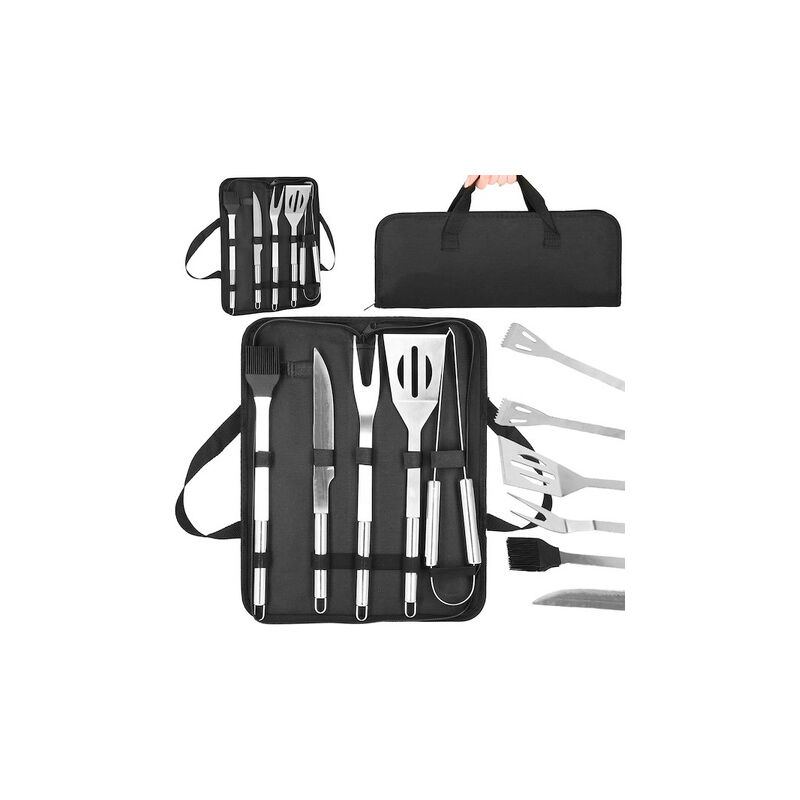 foto del prodotto akcesoria per barbecue set da 5 pezzi in acciaio inossidabile, posate per grigliare e custodia.