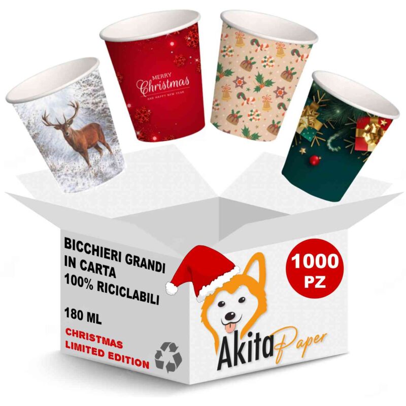 foto del prodotto akitaink 1000 bicchieri natalizi acqua carta 180ml natale monouso biodegradabili