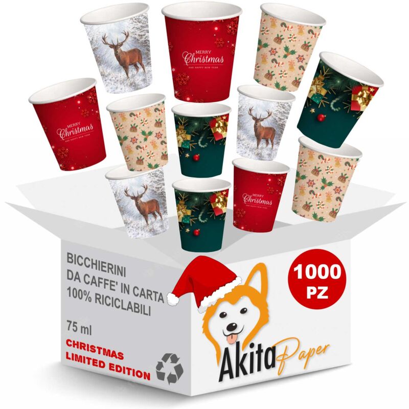 foto del prodotto akitaink 1000 bicchieri natalizi caffe carta 75ml natale monouso biodegradabili