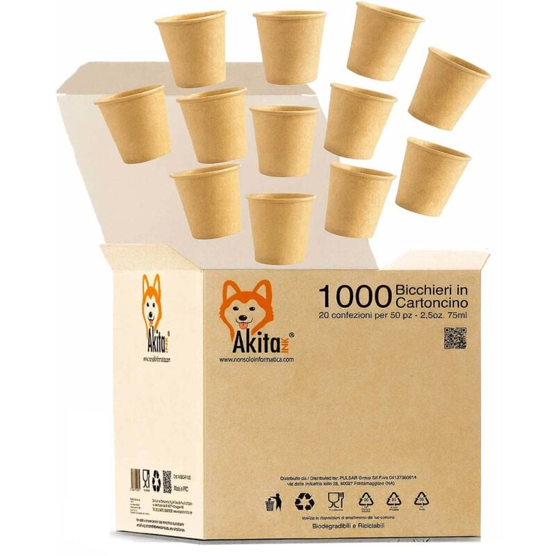 foto del prodotto akitaink 1000 bicchierini caffe monouso di carta biodegradabile e compostabile da 75ml
