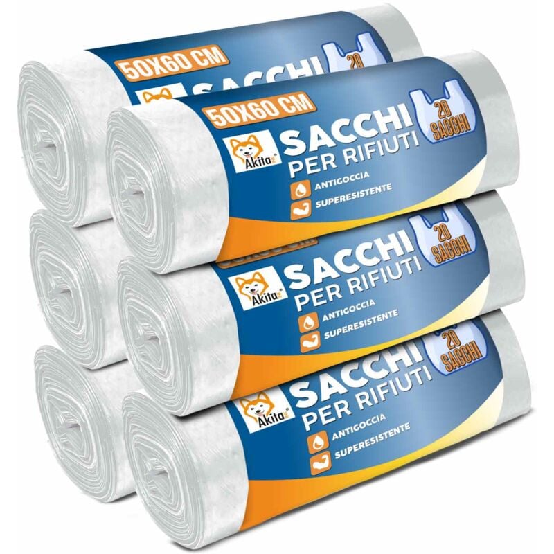 foto del prodotto akitaink 120 sacchetti spazzatura 30l, 6 rotoli da 20 sacchi 50x60 pattumiera trasparente