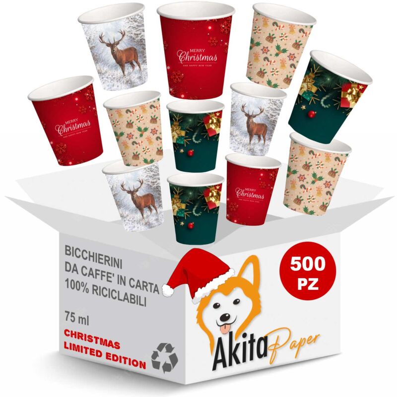 foto del prodotto akitaink 500 bicchieri natalizi caffe carta 75ml natale monouso biodegradabili
