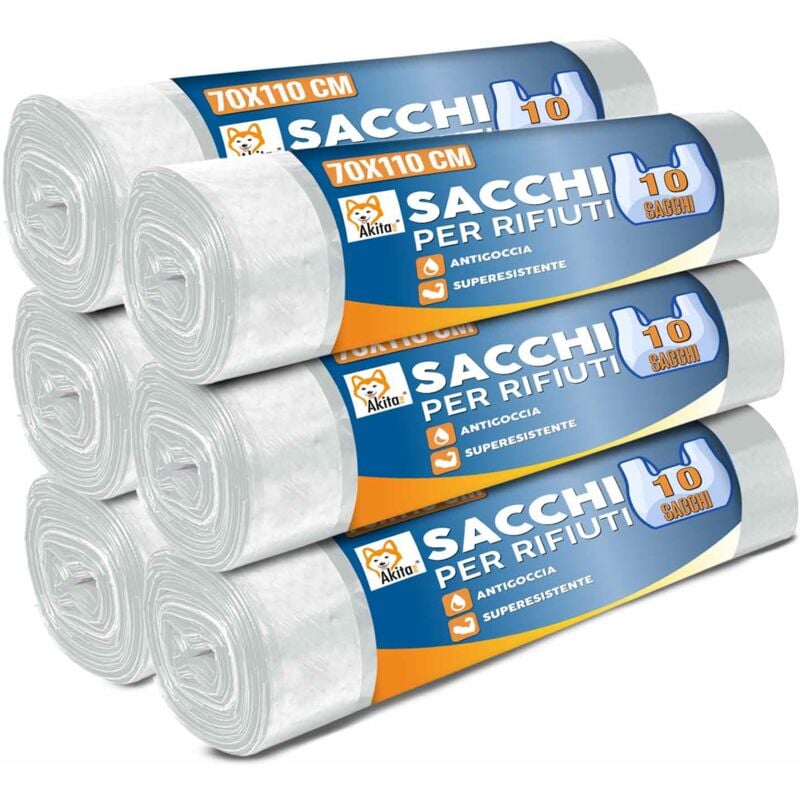 foto del prodotto akitaink 60 sacchi spazzatura 110l, 6 rotoli da 10 sacchi 70x10 pattumiera trasparente