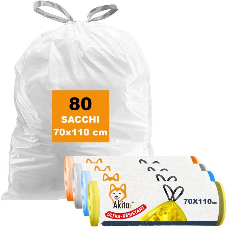 foto del prodotto akitaink 80 sacchi per pattumiera 70x110 con manici alta resistenza, 110l