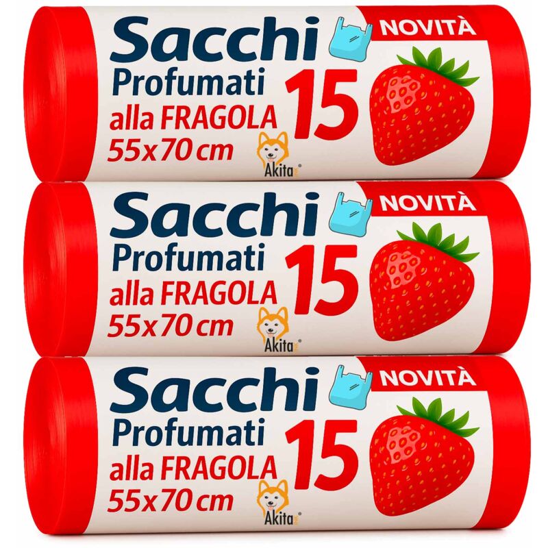 foto del prodotto akitaink sacchi spazzatura con manici profumati fragola 45 pz 55x70cm