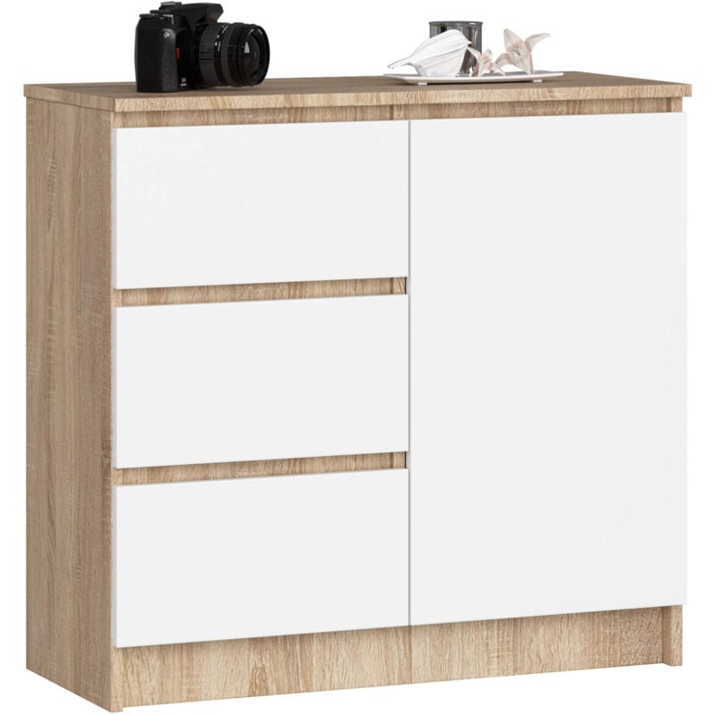 foto del prodotto akord cassettiera jerry cassettiera sonoma quercia 80 cm 1 anta 3 cassetti inserto frontale bianco 80x35x77 cm