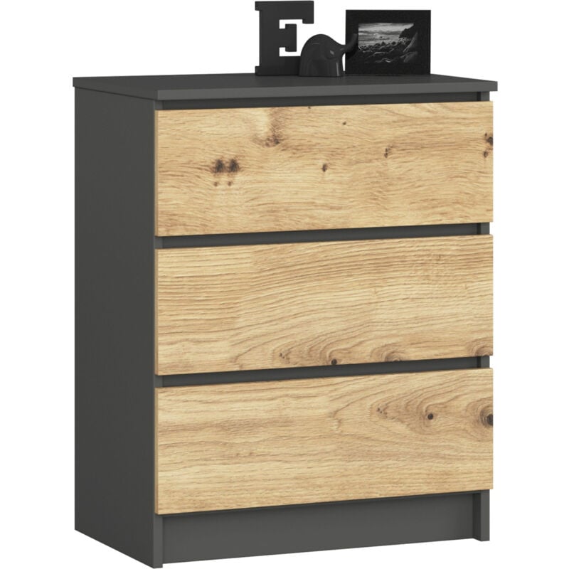 foto del prodotto akord cassettiera k60 cassettiera grigia grafite 60 cm 3 cassetti inserto frontale quercia artisan 60x40x77 cm