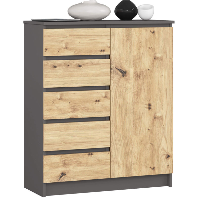 foto del prodotto akord cassettiera k80 com grigio grafite 80 cm 1 porta 5 cassetti colore frontale quercia artigiana 80x35x97 cm