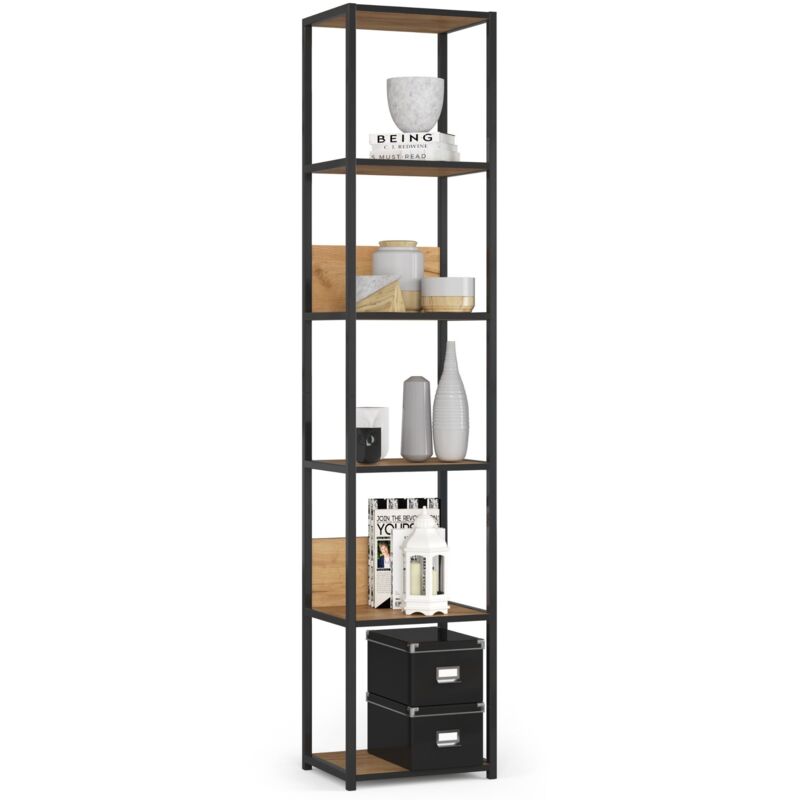 foto del prodotto akord - scaffale stilo loft con ripiani in legno 40 cm nera 40 cm inserto frontale quercia craft 40x32x192 cm