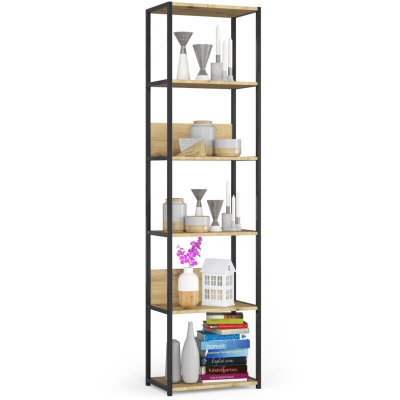 foto del prodotto akord scaffale stilo loft con ripiani in legno 50 cm nera 50 cm inserto frontale quercia artisan 50x32x192 cm