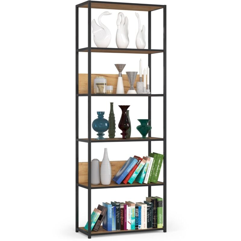 foto del prodotto akord scaffale stilo loft con ripiani in legno 70 cm nera 70 cm inserto frontale quercia craft 70x32x192 cm