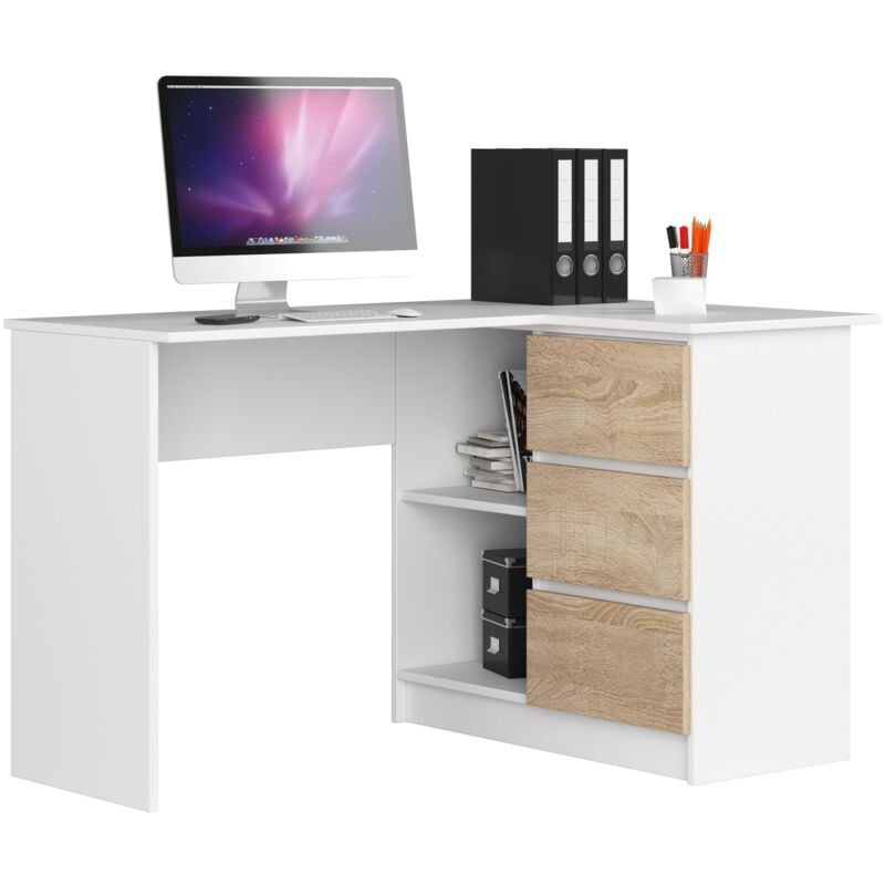foto del prodotto akord scrivania angolare b16 bianco 124 cm 3 cassetti inserto frontale sonoma quercia 124x85x77 cm modello a destra