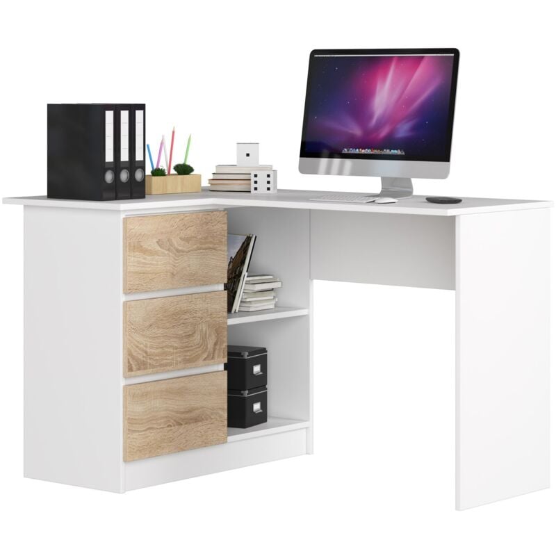 foto del prodotto akord scrivania angolare b16 bianco 124 cm 3 cassetti inserto frontale sonoma quercia 124x85x77 cm modello a sinistra