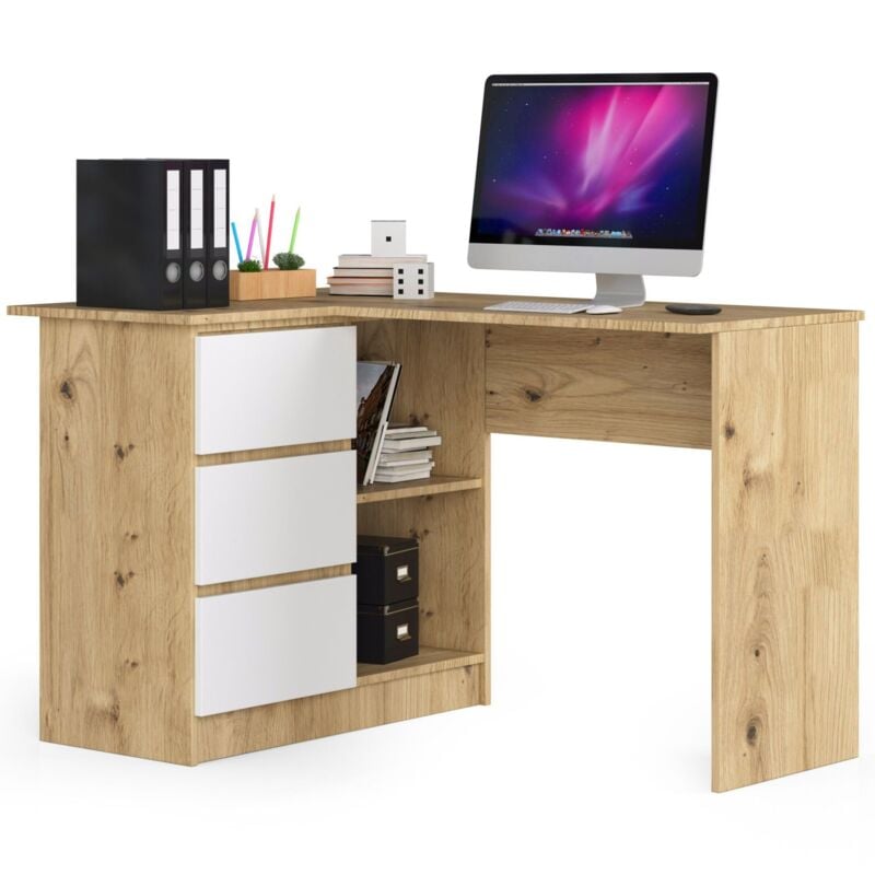 foto del prodotto akord scrivania angolare b16 quercia artisan 124 cm 3 cassetti inserto frontale bianco 124x85x77 cm modello a sinistra