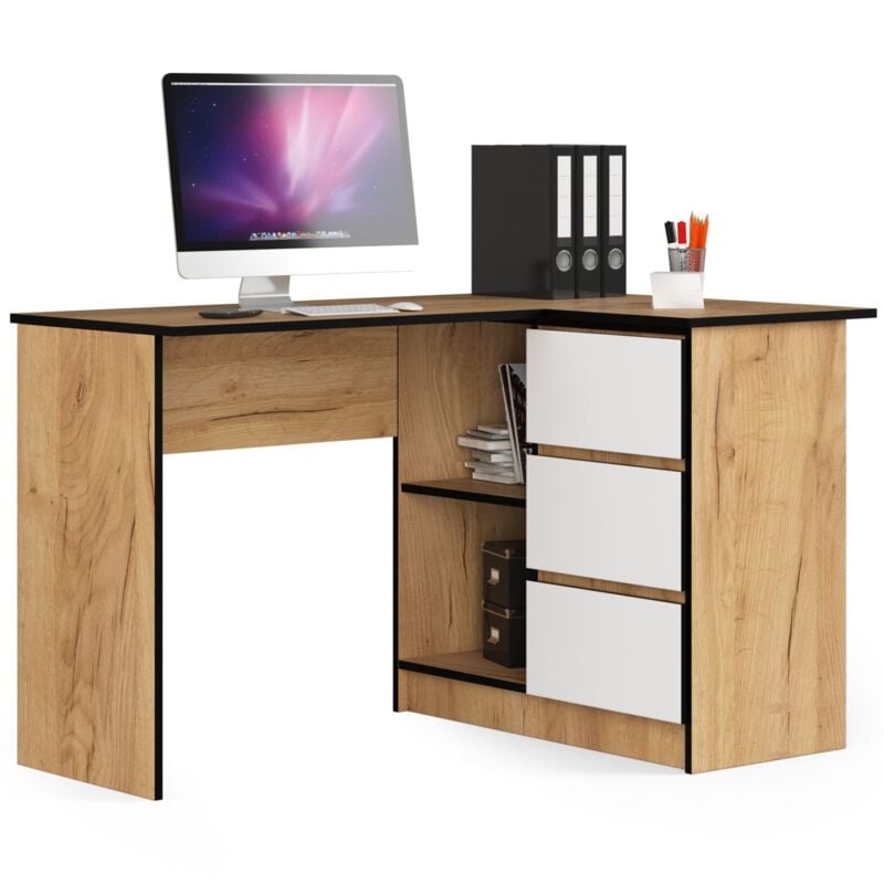 foto del prodotto akord scrivania angolare b16 quercia craft 124 cm 3 cassetti inserto frontale bianco 124x85x77 cm modello a destra