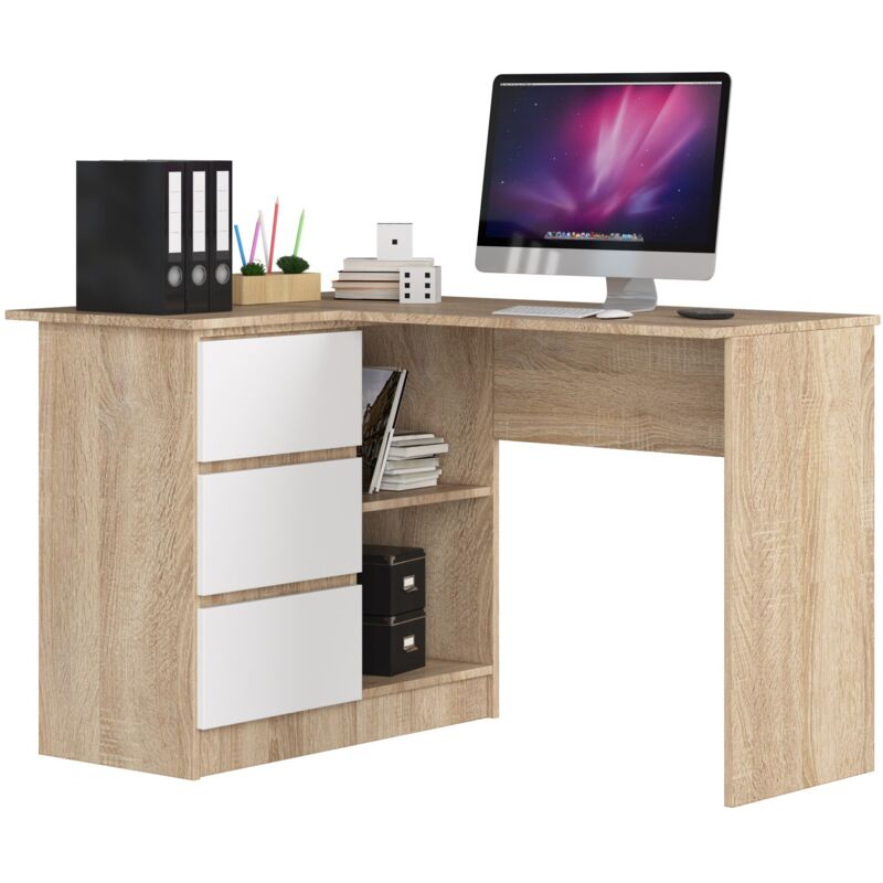 foto del prodotto akord scrivania angolare b16 sonoma quercia 124 cm 3 cassetti inserto frontale bianco 124x85x77 cm modello a sinistra