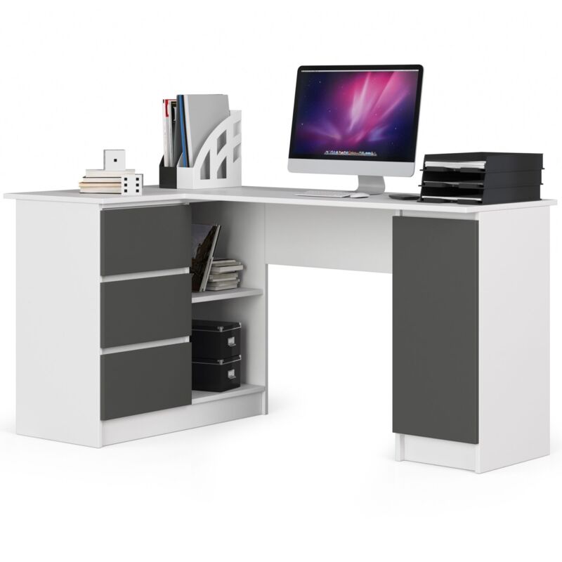 foto del prodotto akord scrivania angolare b20 bianco 155 cm 1 anta 3 cassetti inserto frontale grigio grafite 155x85x77 cm modello a sinistra