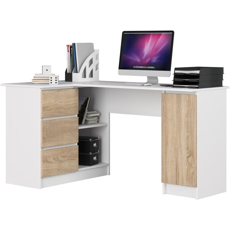 foto del prodotto akord scrivania angolare b20 bianco 155 cm 1 anta 3 cassetti inserto frontale sonoma quercia 155x85x77 cm modello a sinistra