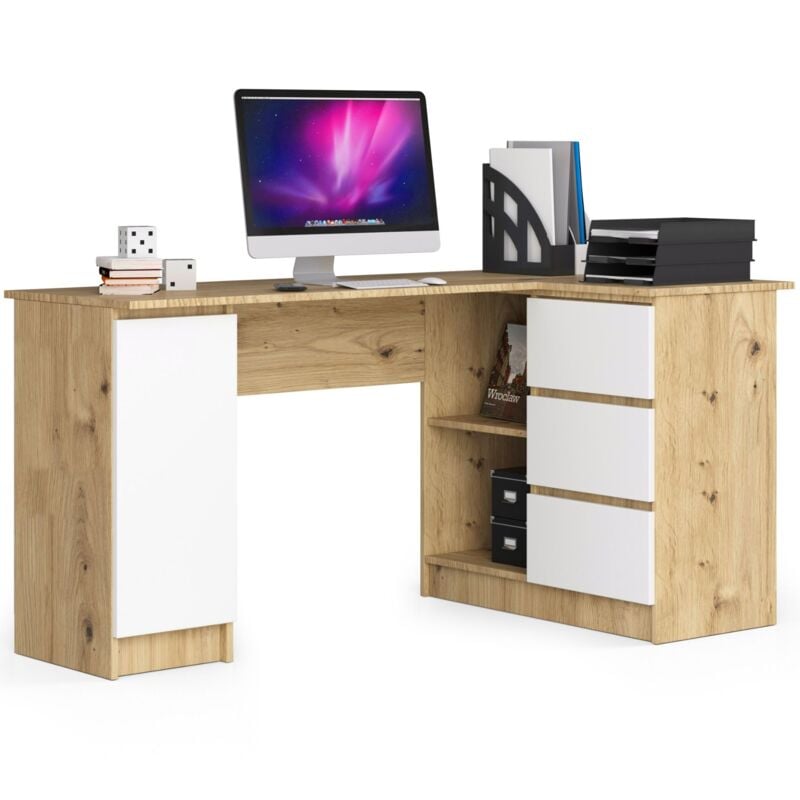 foto del prodotto akord scrivania angolare b20 quercia artisan 155 cm 1 anta 3 cassetti inserto frontale bianco 155x85x77 cm modello a destra