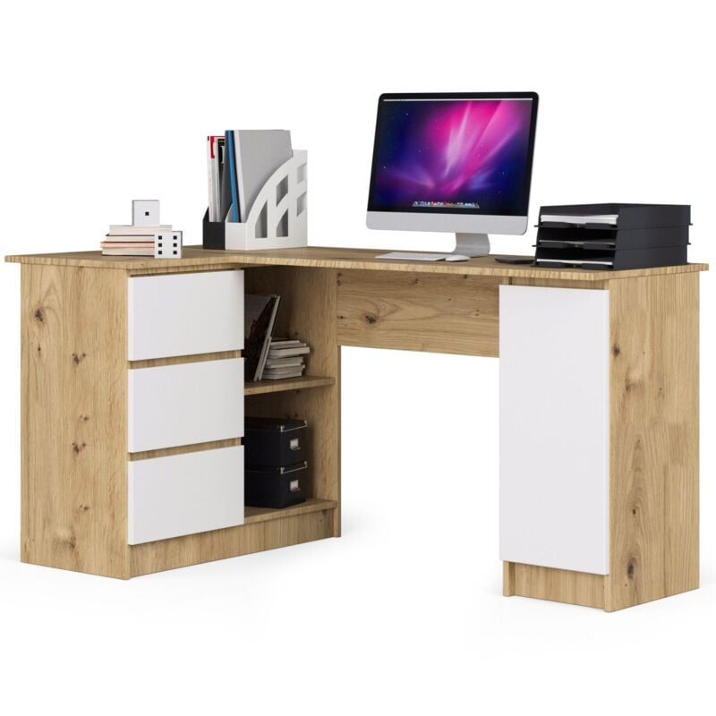 foto del prodotto akord scrivania angolare b20 quercia artisan 155 cm 1 anta 3 cassetti inserto frontale bianco 155x85x77 cm modello a sinistra