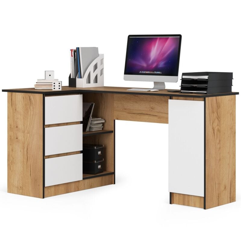 foto del prodotto akord scrivania angolare b20 quercia craft 155 cm 1 anta 3 cassetti inserto frontale bianco 155x85x77 cm modello a sinistra