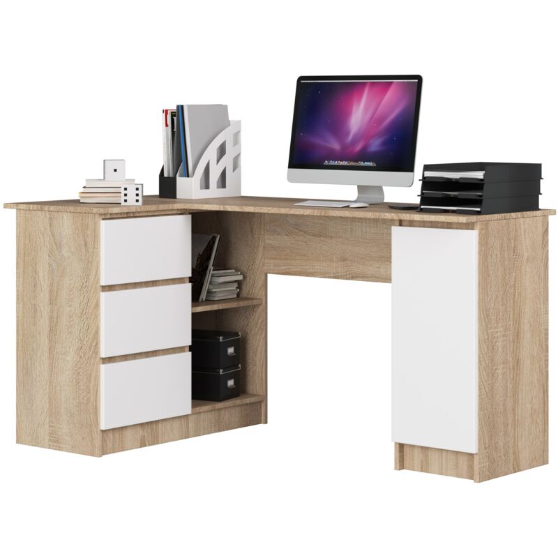 foto del prodotto akord scrivania angolare b20 sonoma quercia 155 cm 1 anta 3 cassetti inserto frontale bianco 155x85x77 cm modello a sinistra