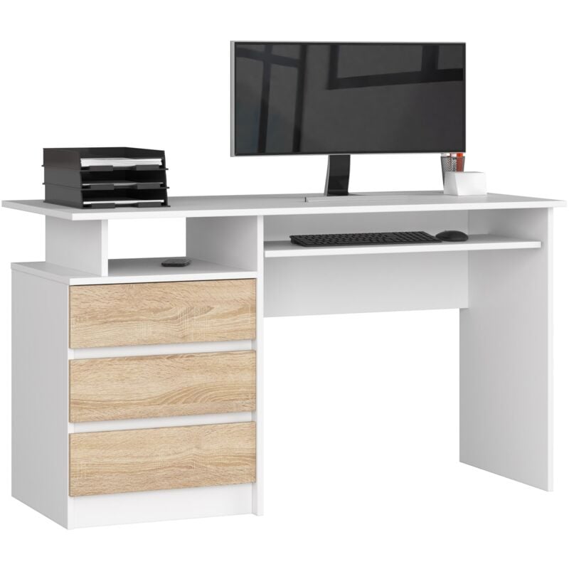 foto del prodotto akord scrivania clp bianco 135 cm 3 cassetti inserto frontale sonoma quercia 135x60x77 cm