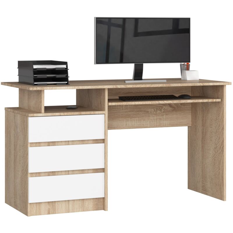 foto del prodotto akord scrivania clp sonoma quercia 135 cm 3 cassetti inserto frontale bianco 135x60x77 cm
