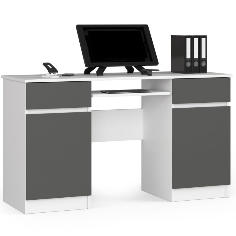 foto del prodotto akord scrivania per computer a5 bianco 135 cm 2 ante 2 cassetti inserto frontale grigio grafite 135x50x77 cm