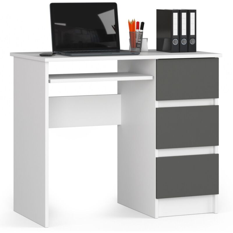 foto del prodotto akord scrivania per computer a6 bianco 90 cm 3 cassetti inserto frontale grigio grafite 90x50x77 cm modello a destra