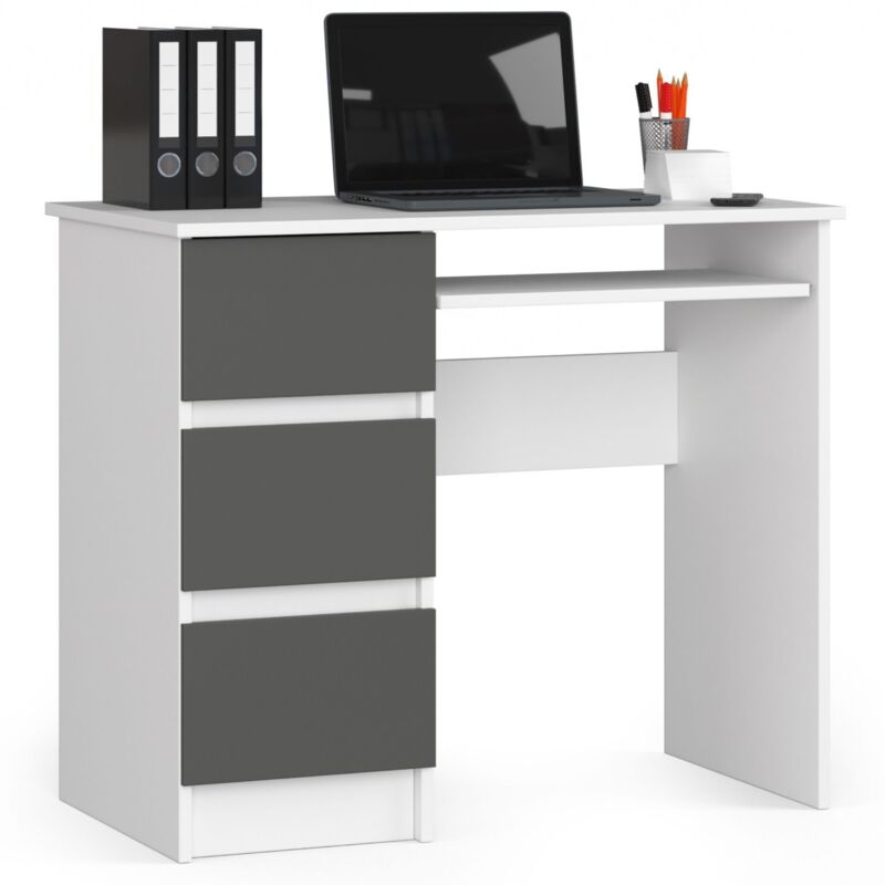foto del prodotto akord scrivania per computer a6 bianco 90 cm 3 cassetti inserto frontale grigio grafite 90x50x77 cm modello a sinistra