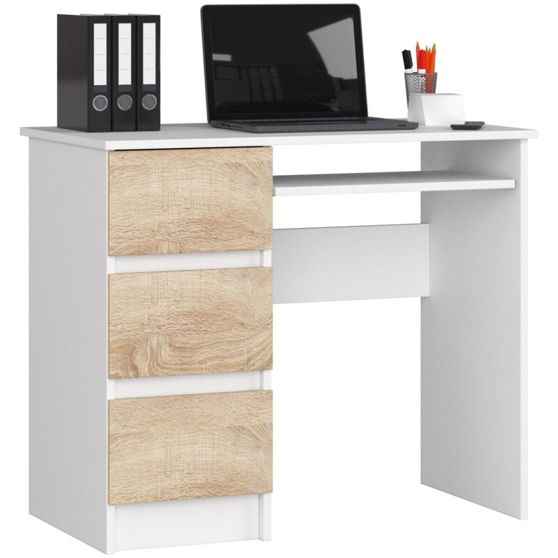foto del prodotto akord scrivania per computer a6 bianco 90 cm 3 cassetti inserto frontale sonoma quercia 90x50x77 cm modello a sinistra