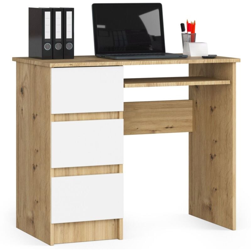 foto del prodotto akord scrivania per computer a6 quercia artisan 90 cm 3 cassetti inserto frontale bianco 90x50x77 cm modello a sinistra