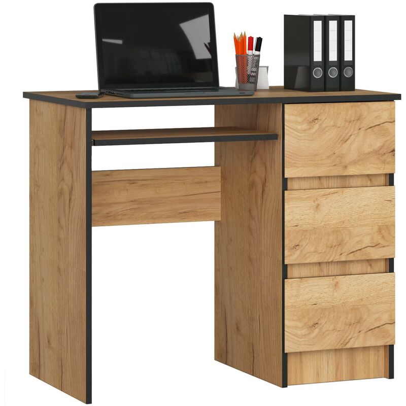 foto del prodotto akord scrivania per computer a6 quercia craft 90 cm 3 cassetti 90x50x77 cm modello a destra