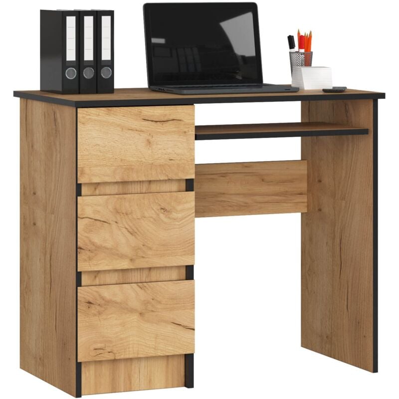 foto del prodotto akord scrivania per computer a6 quercia craft 90 cm 3 cassetti 90x50x77 cm modello a sinistra