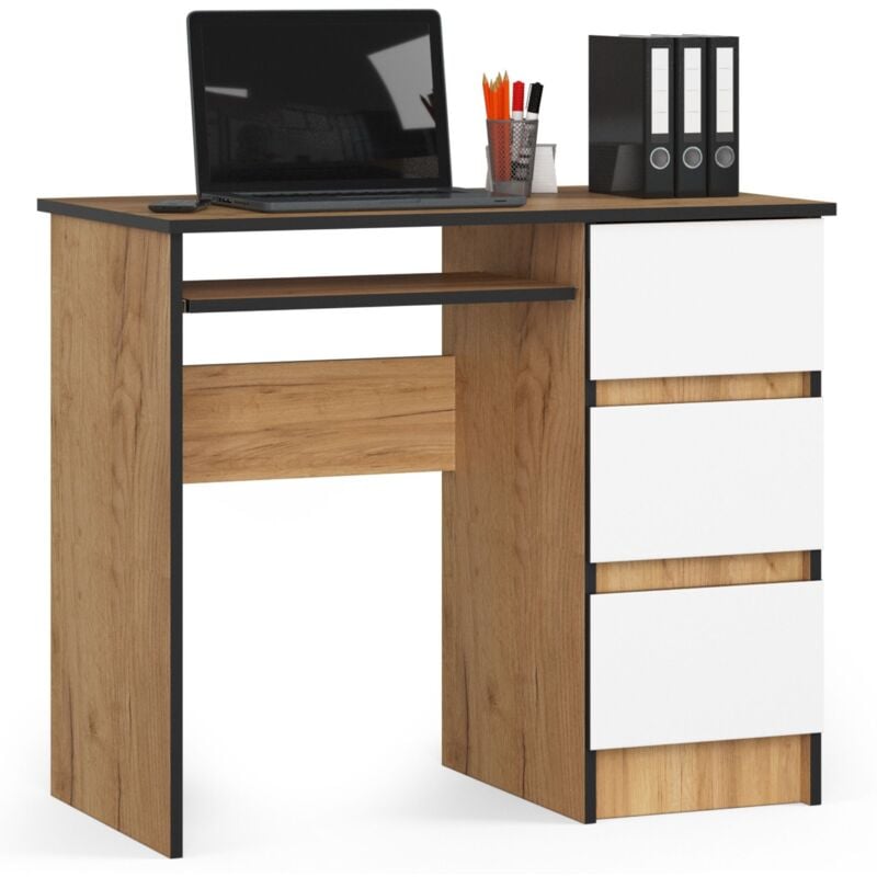 foto del prodotto akord scrivania per computer a6 quercia craft 90 cm 3 cassetti inserto frontale bianco 90x50x77 cm modello a destra
