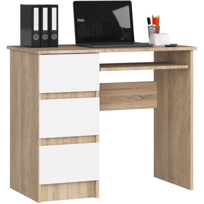 foto del prodotto akord scrivania per computer a6 sonoma quercia 90 cm 3 cassetti inserto frontale bianco 90x50x77 cm modello a sinistra