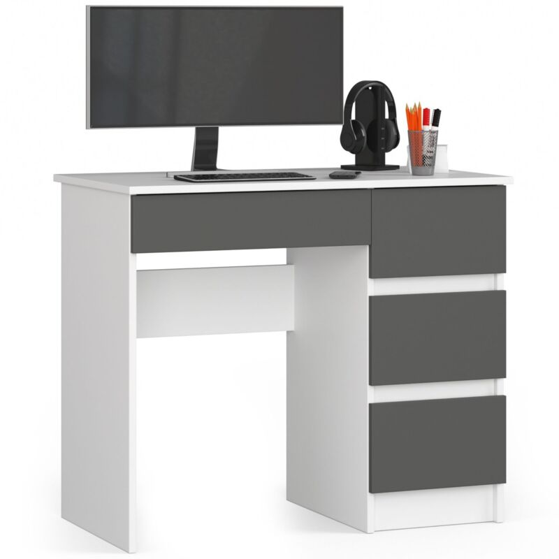 foto del prodotto akord scrivania per computer a7 bianco 90 cm 4 cassetti inserto frontale grigio grafite 90x50x77 cm modello a destra