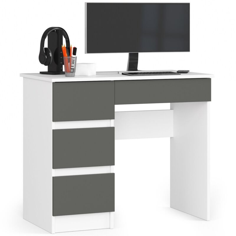 foto del prodotto akord scrivania per computer a7 bianco 90 cm 4 cassetti inserto frontale grigio grafite 90x50x77 cm modello a sinistra