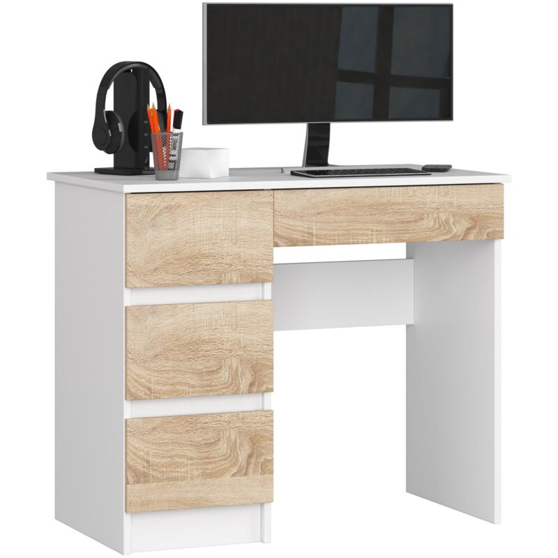 foto del prodotto akord scrivania per computer a7 bianco 90 cm 4 cassetti inserto frontale sonoma quercia 90x50x77 cm modello a sinistra