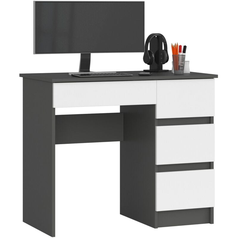 foto del prodotto akord scrivania per computer a7 grigio grafite 90 cm 4 cassetti inserto frontale bianco 90x50x77 cm modello a destra
