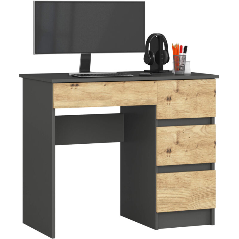 foto del prodotto akord scrivania per computer a7 grigio grafite 90 cm 4 cassetti inserto frontale quercia artigiana 90x50x77 cm modello a destra