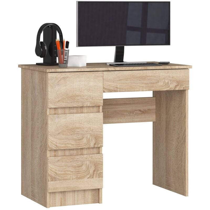 foto del prodotto akord scrivania per computer a7 sonoma quercia 90 cm 4 cassetti 90x50x77 cm modello a sinistra