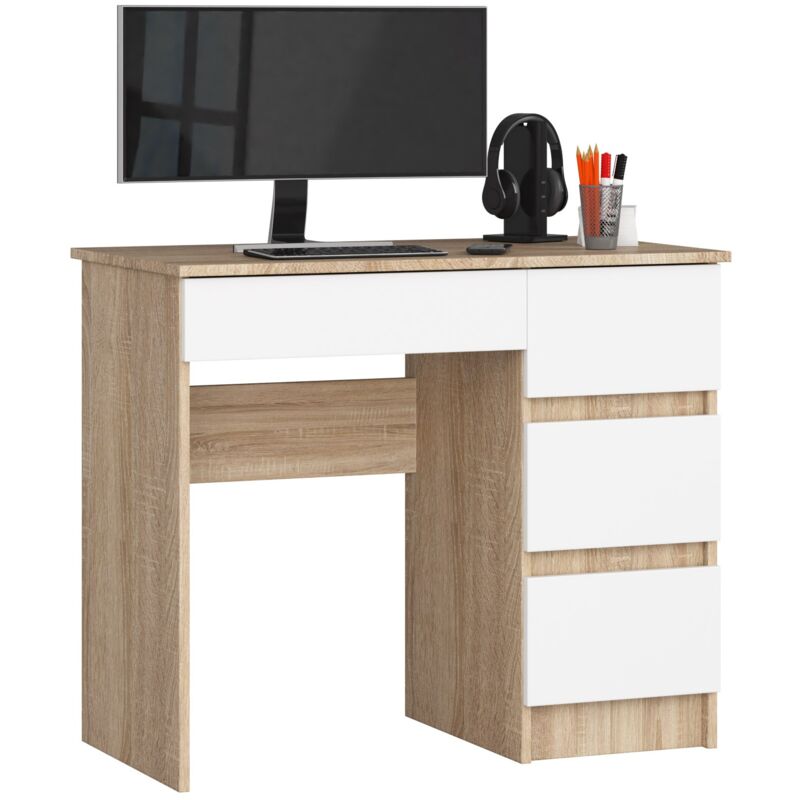 foto del prodotto akord scrivania per computer a7 sonoma quercia 90 cm 4 cassetti inserto frontale bianco 90x50x77 cm modello a destra