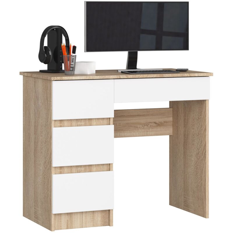 foto del prodotto akord scrivania per computer a7 sonoma quercia 90 cm 4 cassetti inserto frontale bianco 90x50x77 cm modello a sinistra