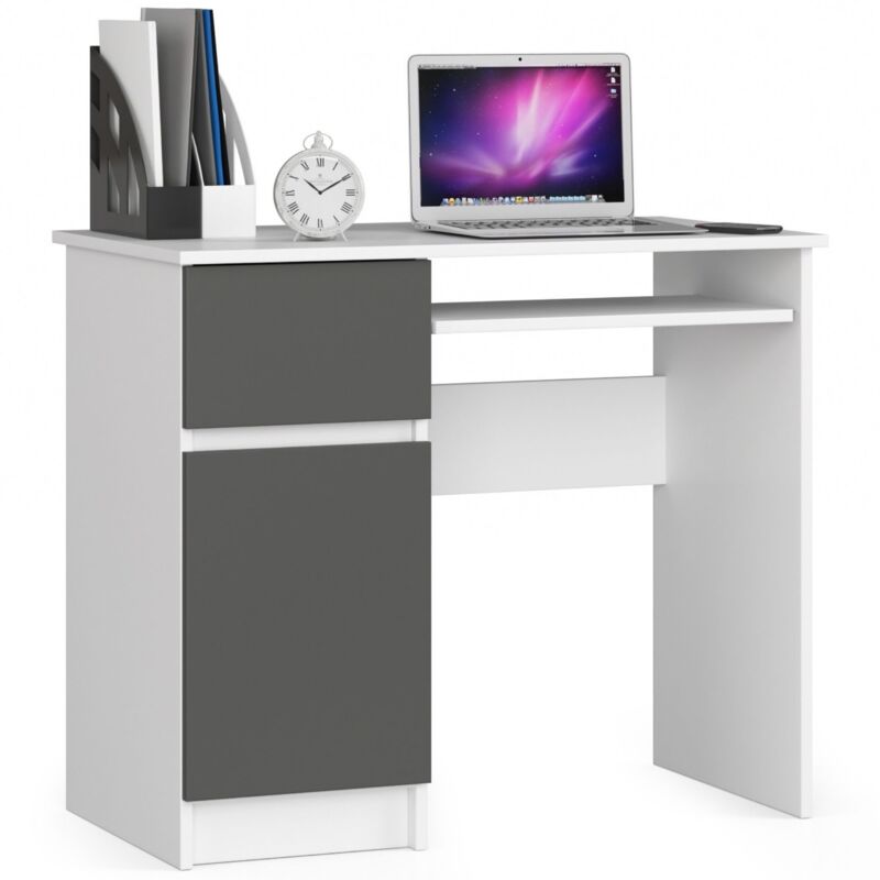 foto del prodotto akord scrivania per computer piksel bianco 90 cm 1 anta 1 cassetto inserto frontale grigio grafite 90x50x77 cm modello a sinistra