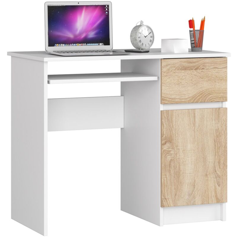 foto del prodotto akord scrivania per computer piksel bianco 90 cm 1 anta 1 cassetto inserto frontale sonoma quercia 90x50x77 cm modello a destra