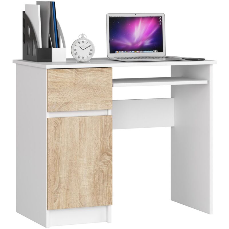 foto del prodotto akord scrivania per computer piksel bianco 90 cm 1 anta 1 cassetto inserto frontale sonoma quercia 90x50x77 cm modello a sinistra